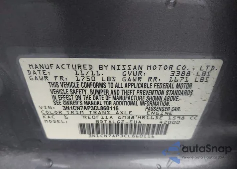 2012 Nissan Versa 1.6 Sl from USA, damaged, VIN 3N1CN7AP3CL860116